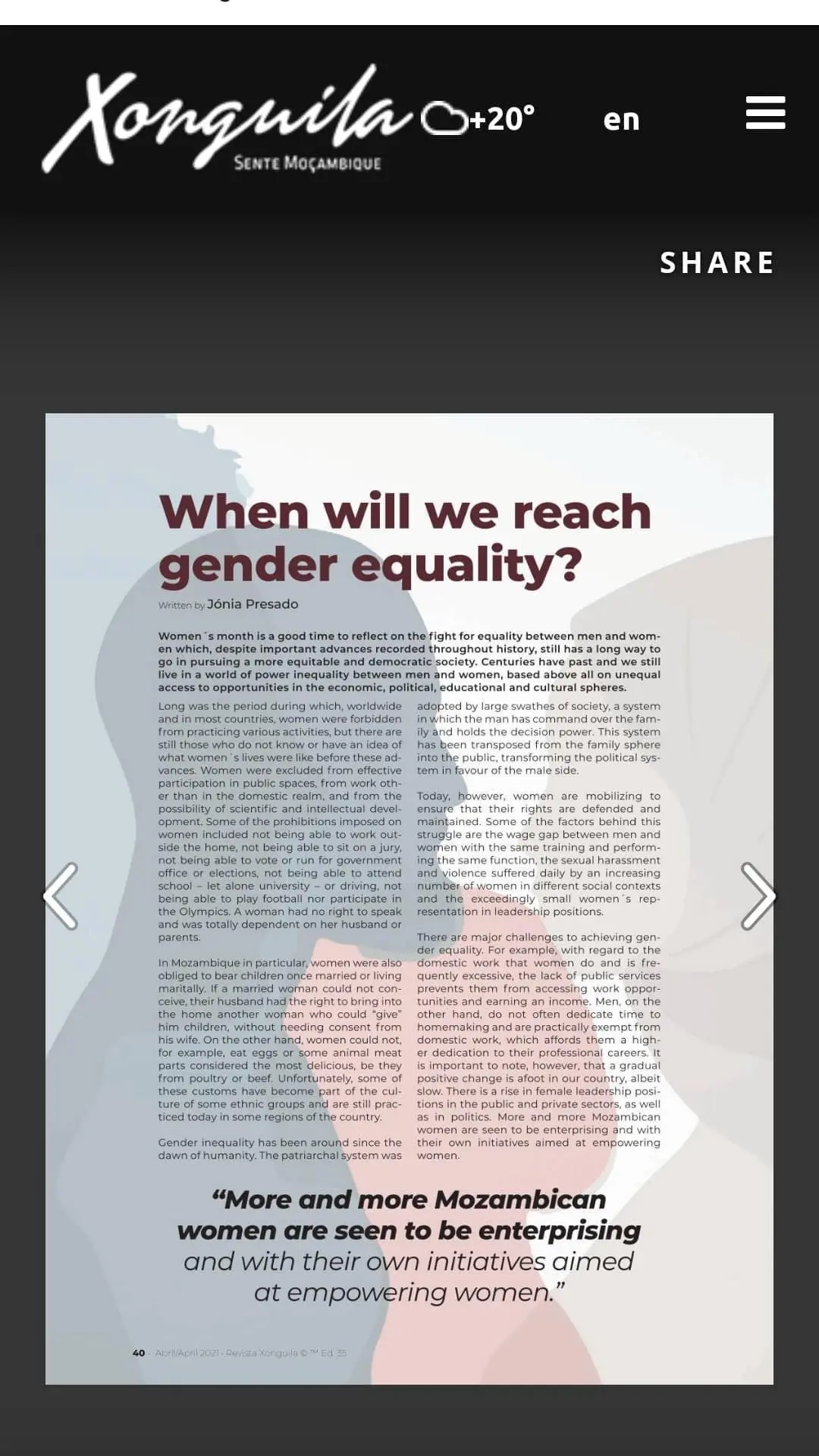 Xonguila Magazine — When will we reach gender equality? Article in English by Jónia Presado