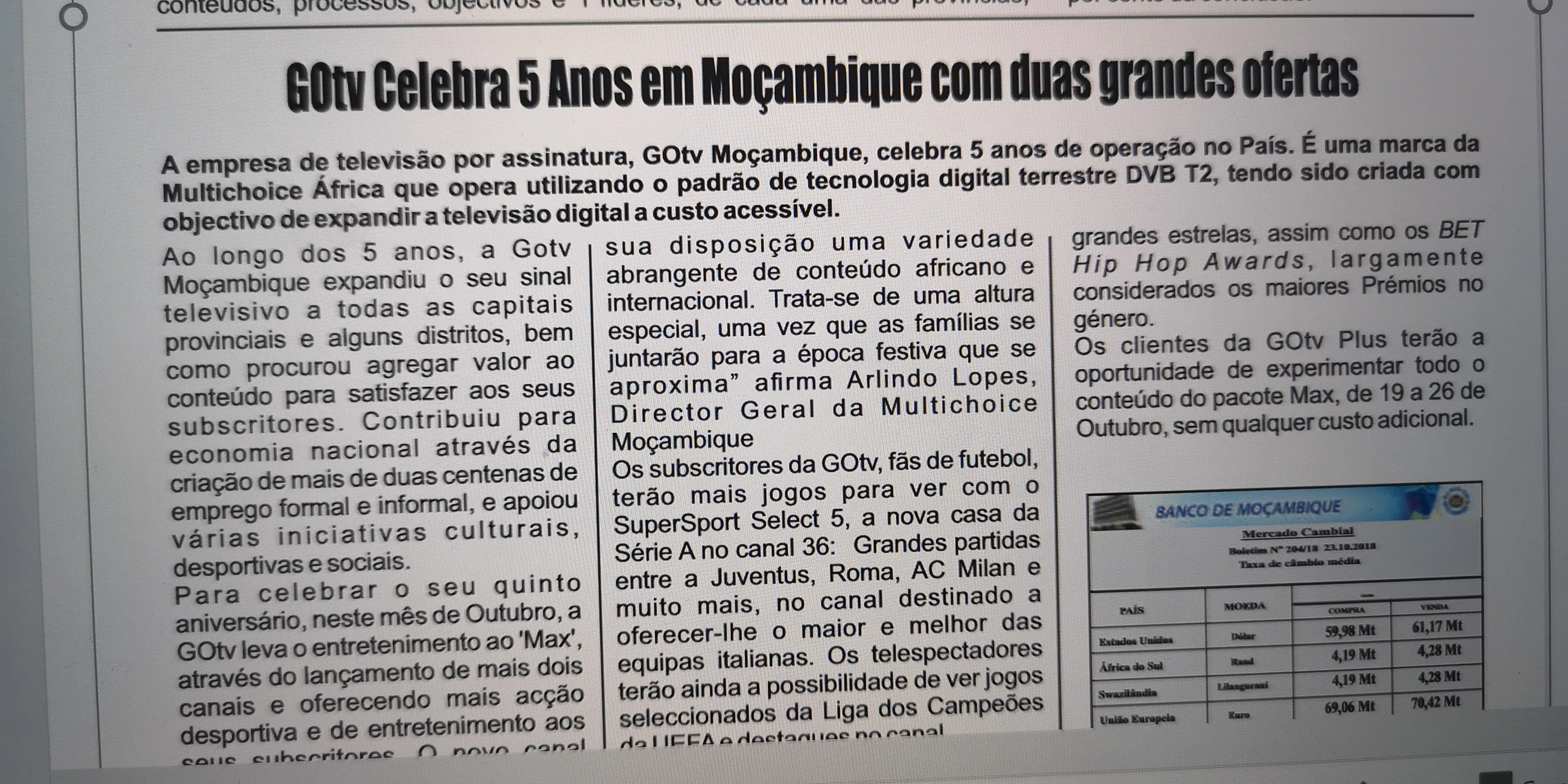 GOtv Celebra 5 Anos em Moçambique — newspaper article