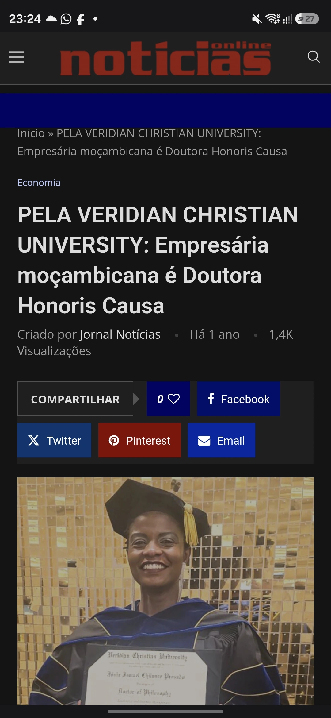 Jornal Notícias — Empresária moçambicana é Doutora Honoris Causa