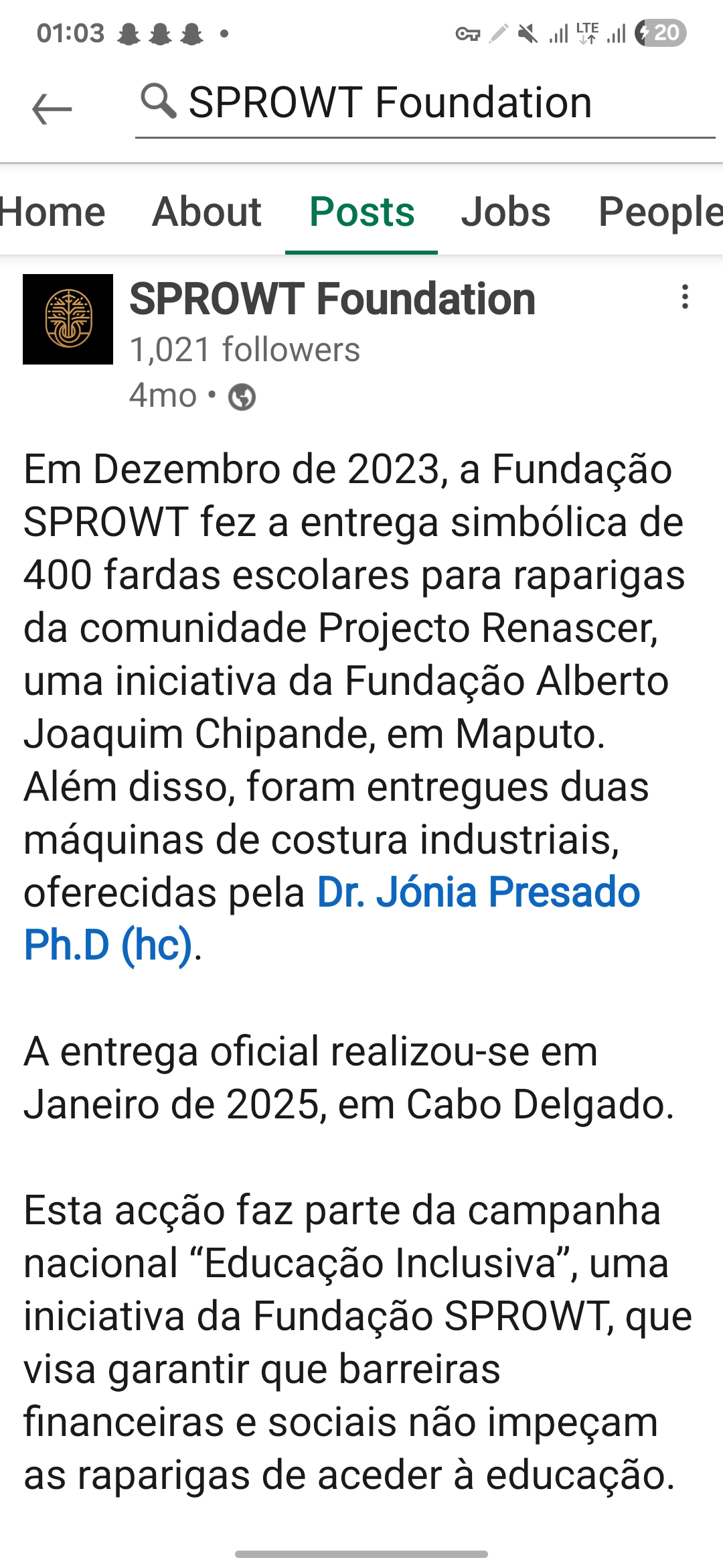 SPROWT Foundation LinkedIn post confirming Jónia Presado's donation of sewing machines